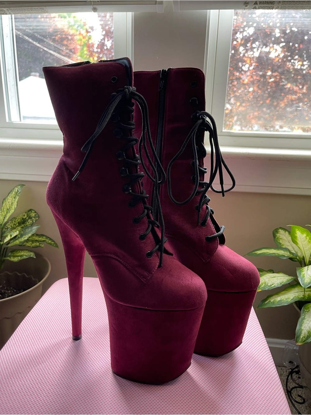 Pleaser Flamingo-1020FS Burgundy Faux Suede Lace Up Platform Ankle Boots 8" Heel